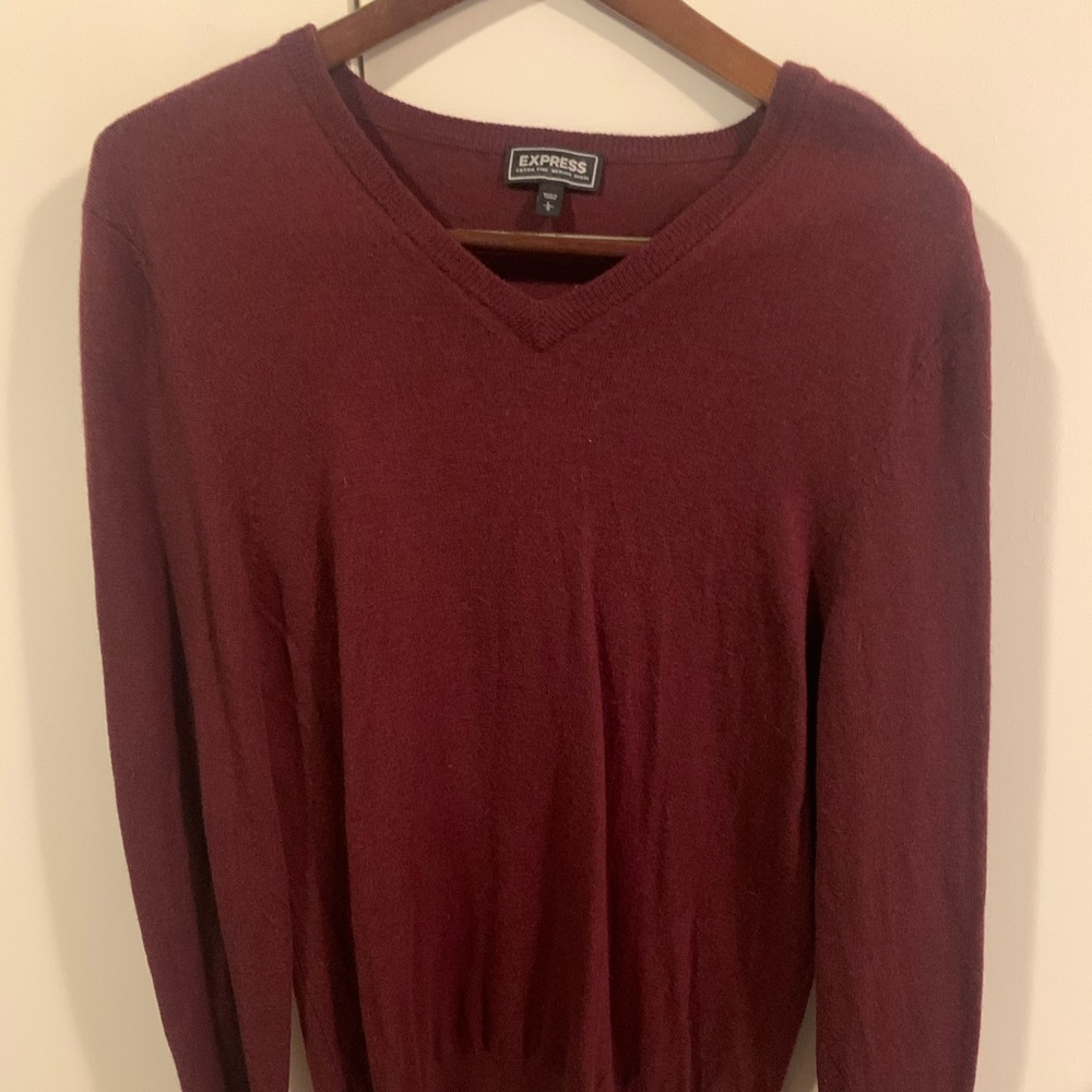 Express Maroon Merino Wool V-Neck Sweater